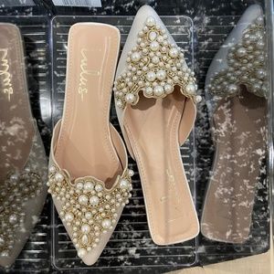Ivory Satin Pearl Embroidered Pointed-Toe Flats